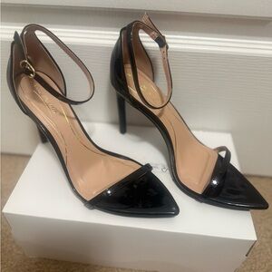 Anne Michelle Glossy Black Ankle Strap Heels